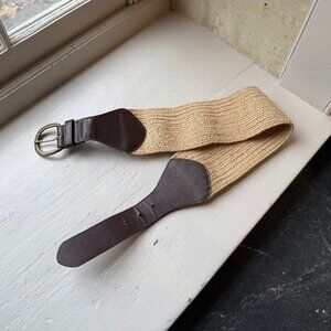 Wide Woven Elastic Belt Vegan Leather Ends Tan Brown